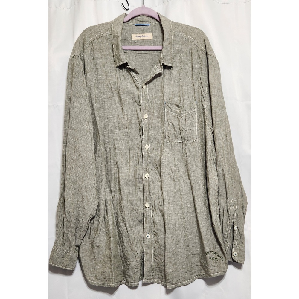 Tommy Bahama Relax Mens 3XL Linen Button Down Shirt Long Sleeve Green Khaki